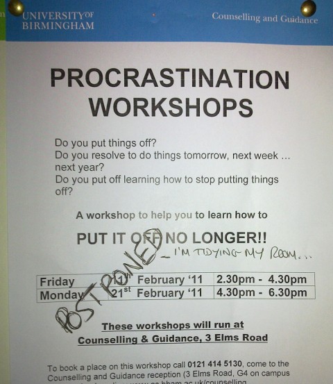 Procrastination workshops postponed